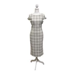 Dress the Population Dress Womens Large White Silver Plaid Fitted Midi Open Back